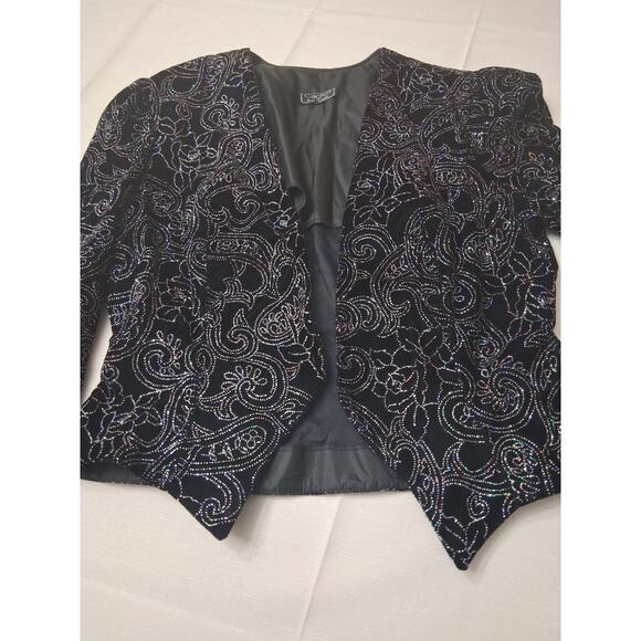VTG Cachet by Bari Protas Cropped Sparkle Jacket Black Velvet Velour Sz L Bling - Picture 1 of 16